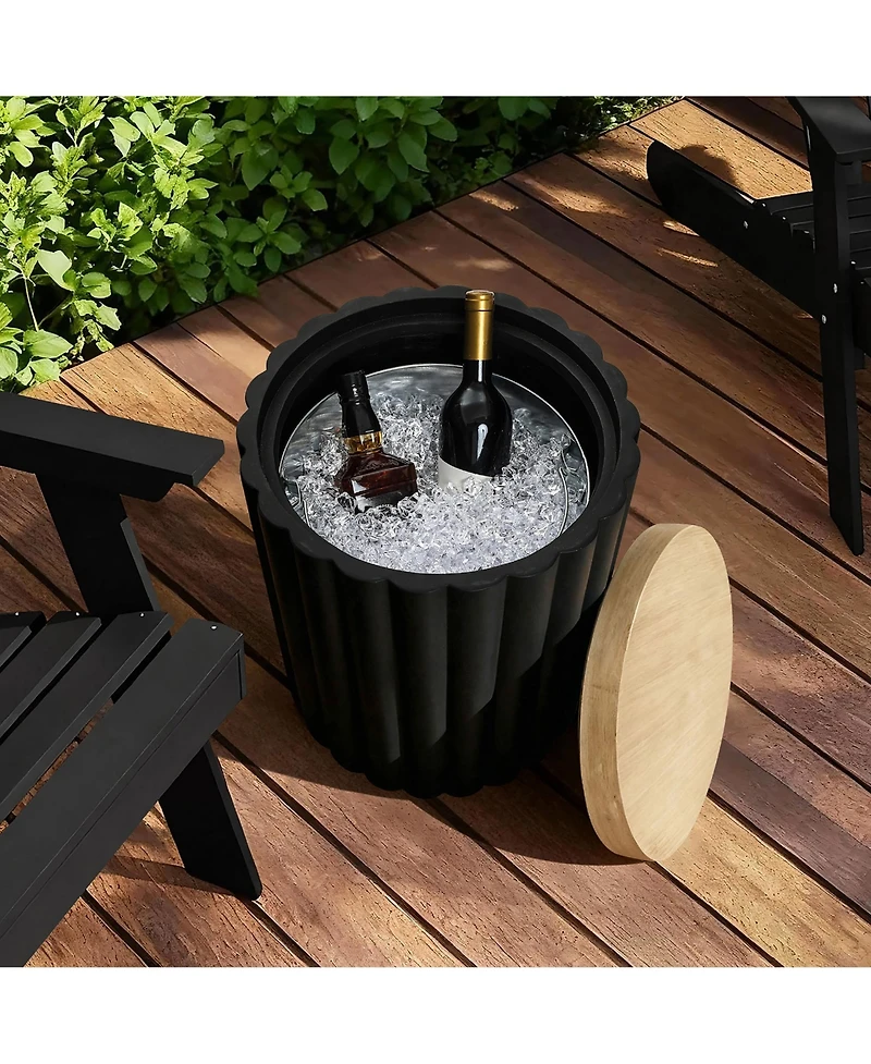 LuxenHome Fluted Round Patio Side Table with Removable Lid & Galvanized Metal Ice Bucket