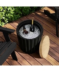 LuxenHome Fluted Round Patio Side Table with Removable Lid & Galvanized Metal Ice Bucket