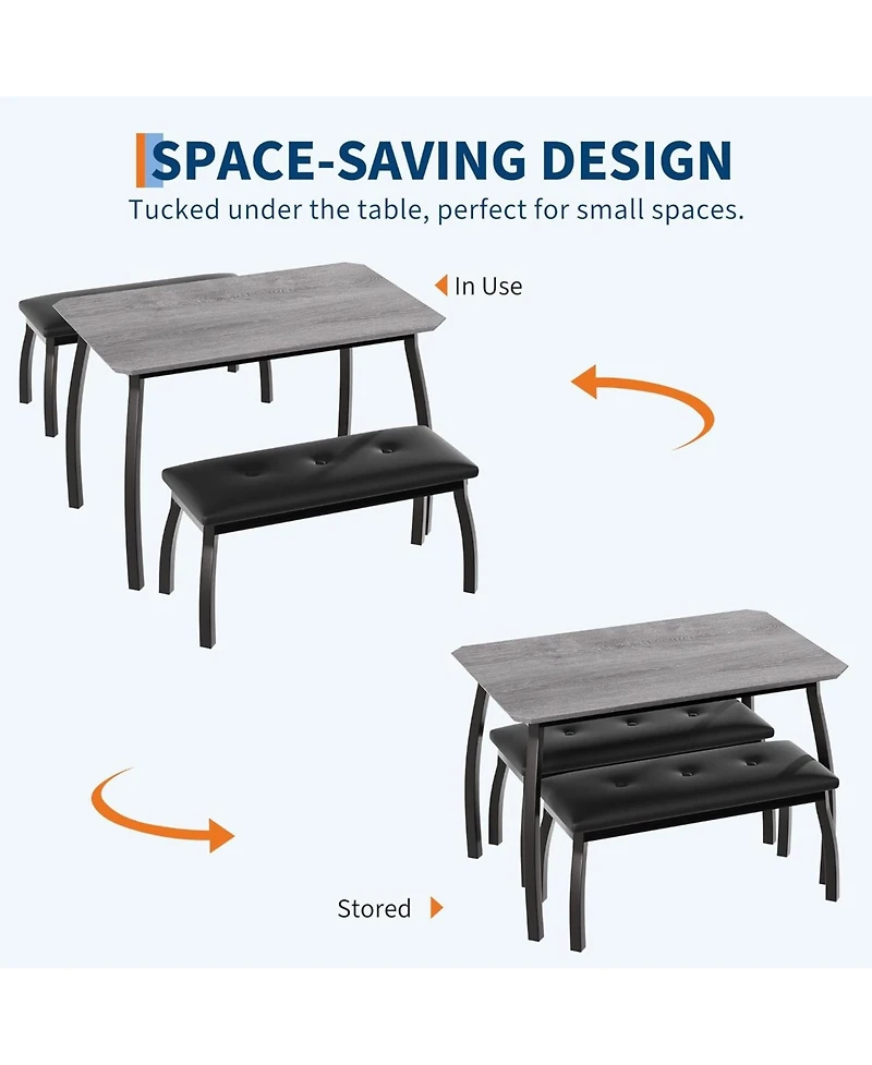 gaomon 3-Piece Retro Dining Set Space-Saving Table and 2 Upholstered Benches for 4 Chamfer Design Metal Frame Kitchen Furniture for Apartments Studios