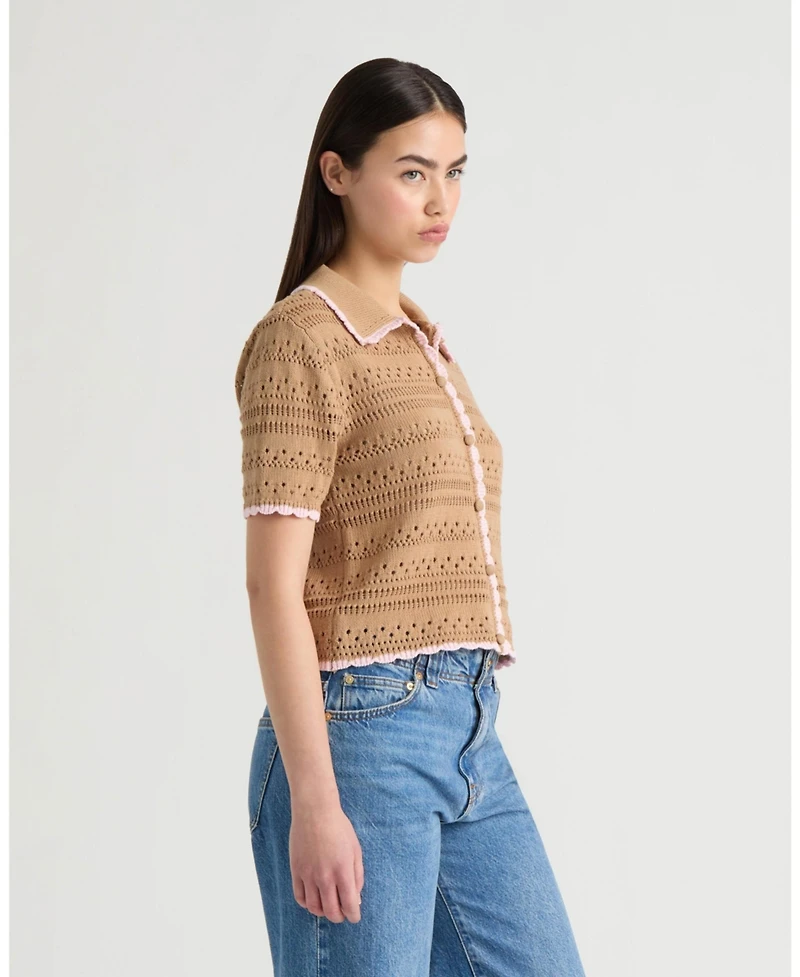 Nvlt Women's Button Front Crochet Sweater with Contrast Edge