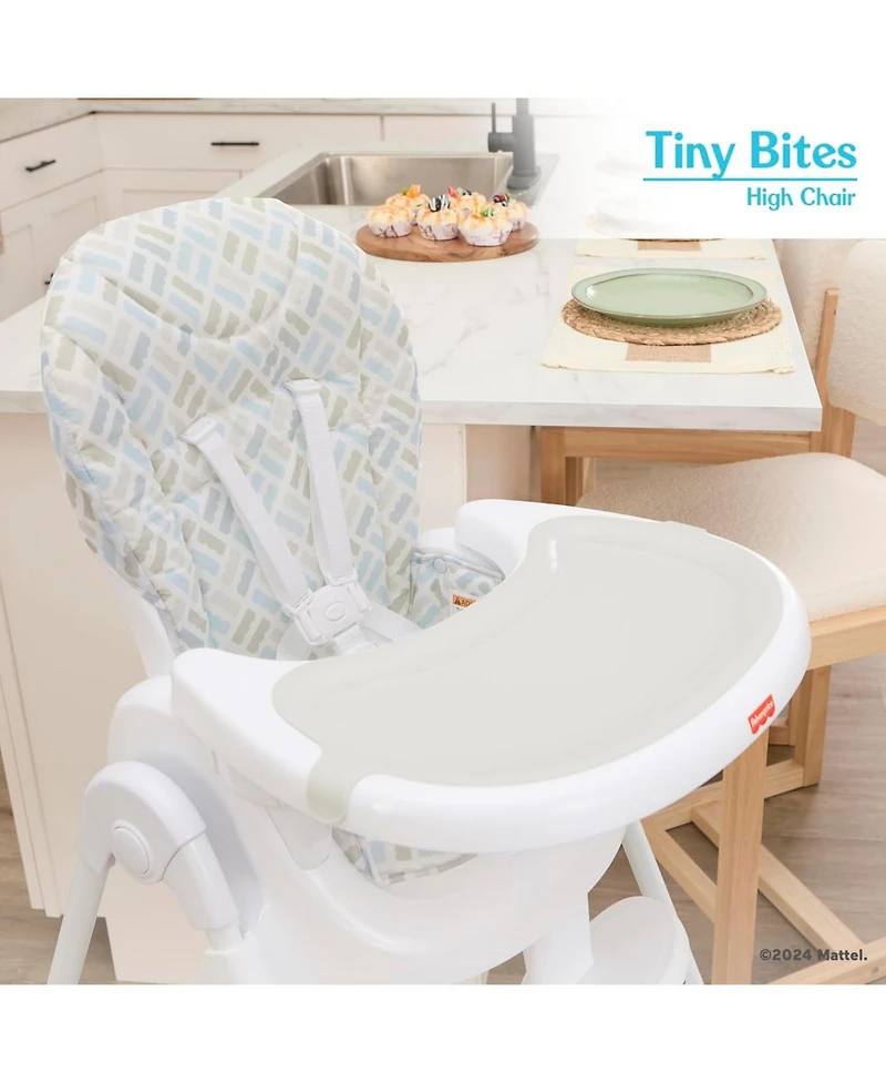 Dream On Me Baby Fisher Price Tiny Bites highchair one-click fold, 7 heights, 2 reclines, removable dishwasher-safe tray, lightweight and space-saving
