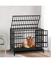 Aostirmotor Heavy-Duty Dog Crate with Wheels - Folding, Secure Cage with Removable Tray