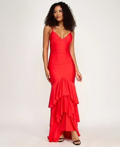 Katia Rae Juniors' V-Neck Ruffled Tie-Back Gown