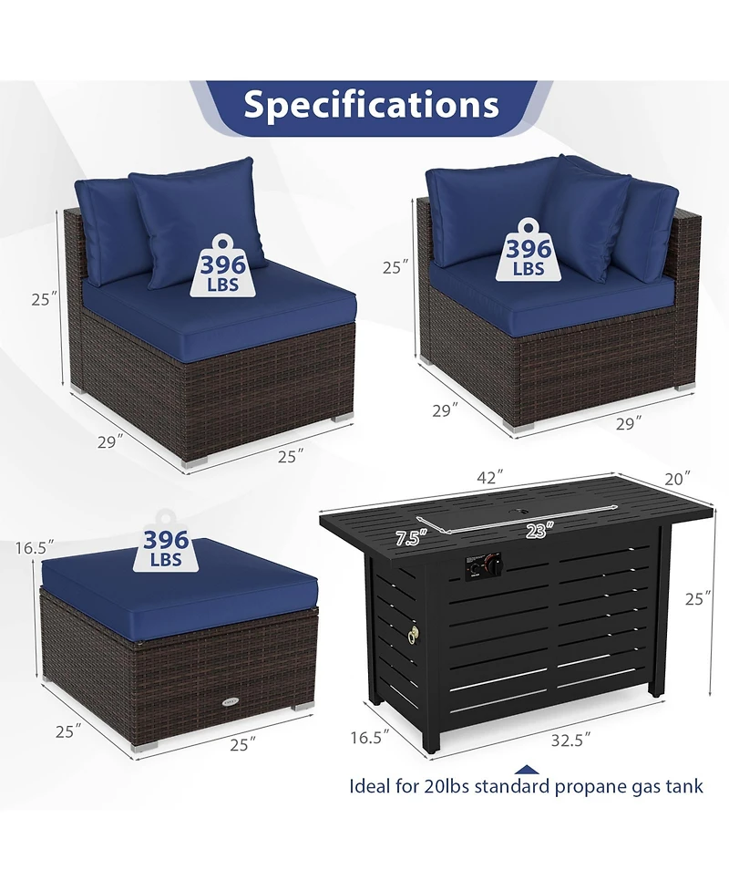 Gymax Set of 5 Patio Furniture Heavy-duty Frame Rattan Sofa w/ 60000 Btu Firepit Table