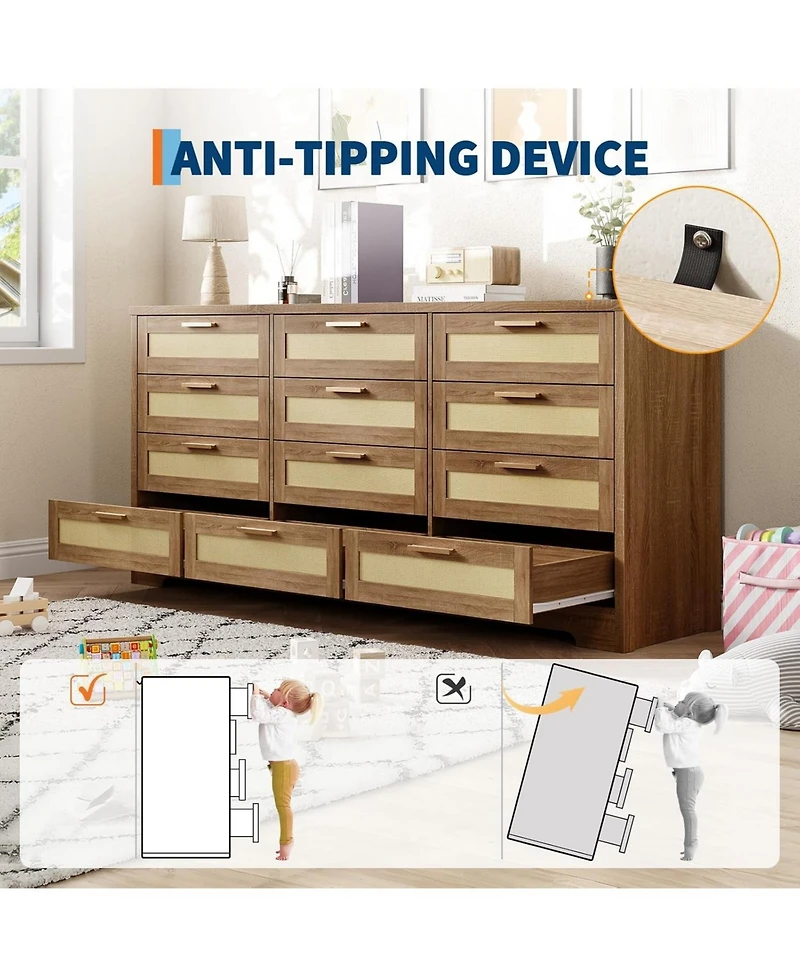 gaomon 12 Drawer Dresser for Bedroom, Modern Rattan Chest of Drawers, Wood Storage Organizer with Panel Drawers and Handles