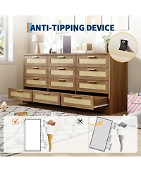 gaomon 12 Drawer Dresser for Bedroom, Modern Rattan Chest of Drawers, Wood Storage Organizer with Panel Drawers and Handles