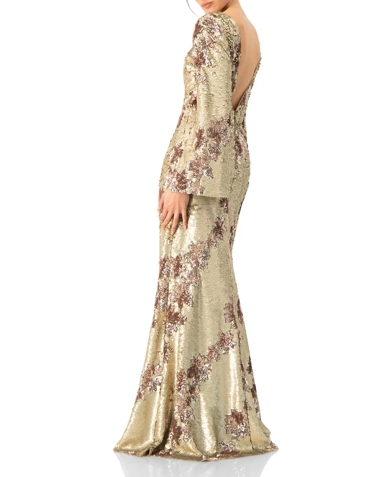 Ivonne Women's Floral Sequin Gown with Open Back
