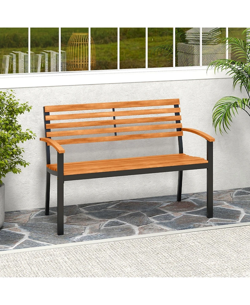 Gymax Outdoor Bench Acacia Wood Patio Loveseat w/ Backrest Armrests Garden Bench