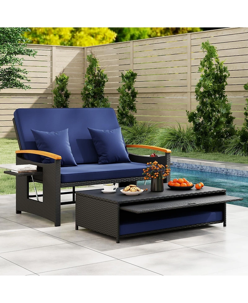 Gymax Patio Rattan Daybed Set w/Cushioned Loveseat & Storage Ottoman for Porch Outdoor