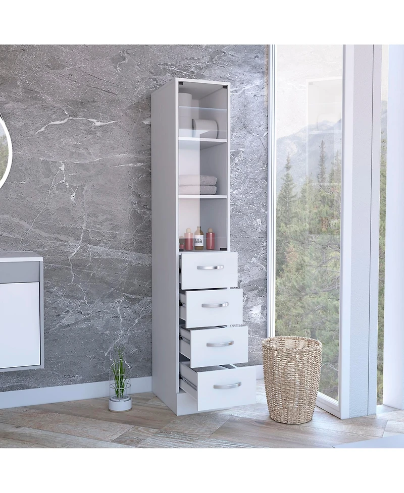 Rainsken Linen Cabinet, 68" H Bathroom Storage Cabinet with 3 Shelves, 4 Drawers and Metal Handles for Home
