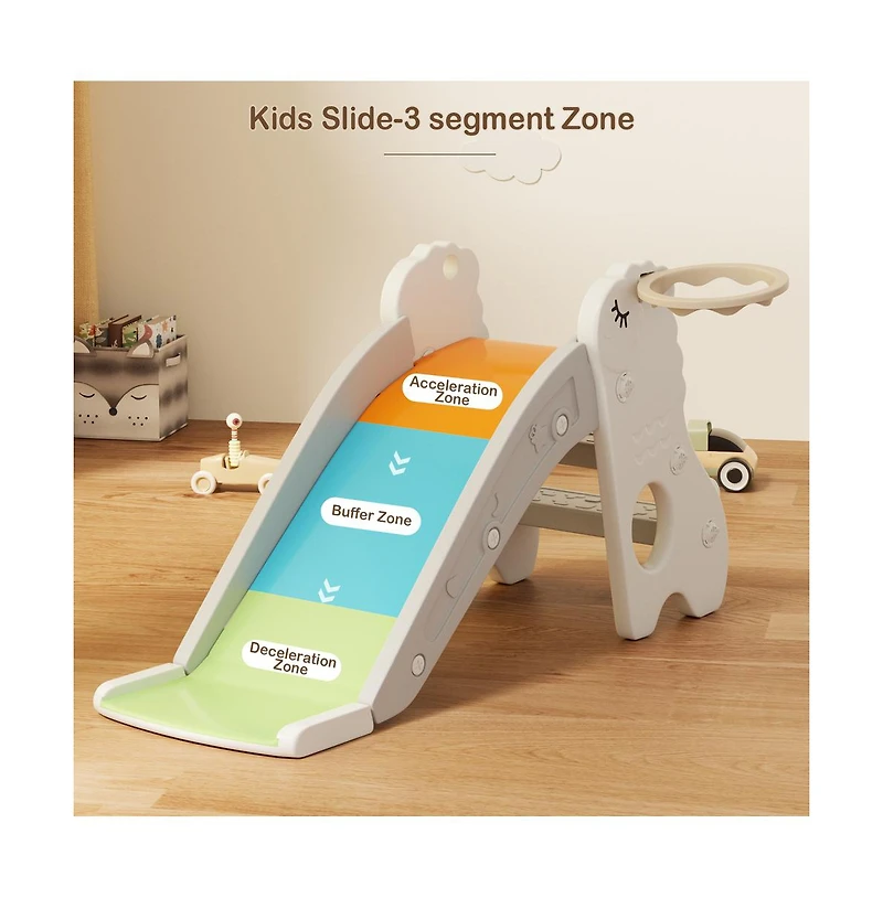 Bruce & Shark 3-in-1 Foldable Toddler Slide with Climb Basketball Hoop – Safe Triangle Structure