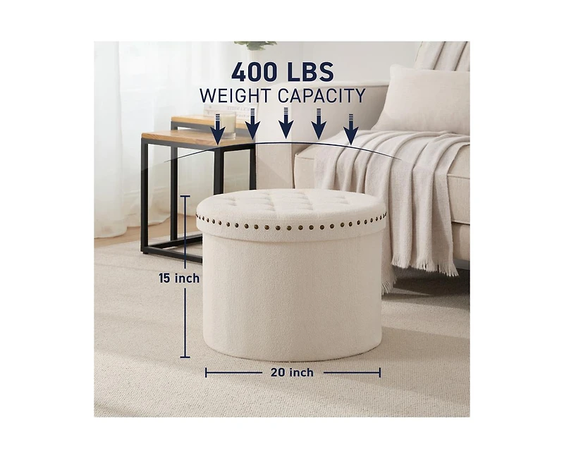 Ornavo Home Large 20" Round Collapsible Storage Ottoman with Nailhead Trim