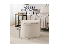 Ornavo Home Large 20" Round Collapsible Storage Ottoman with Nailhead Trim