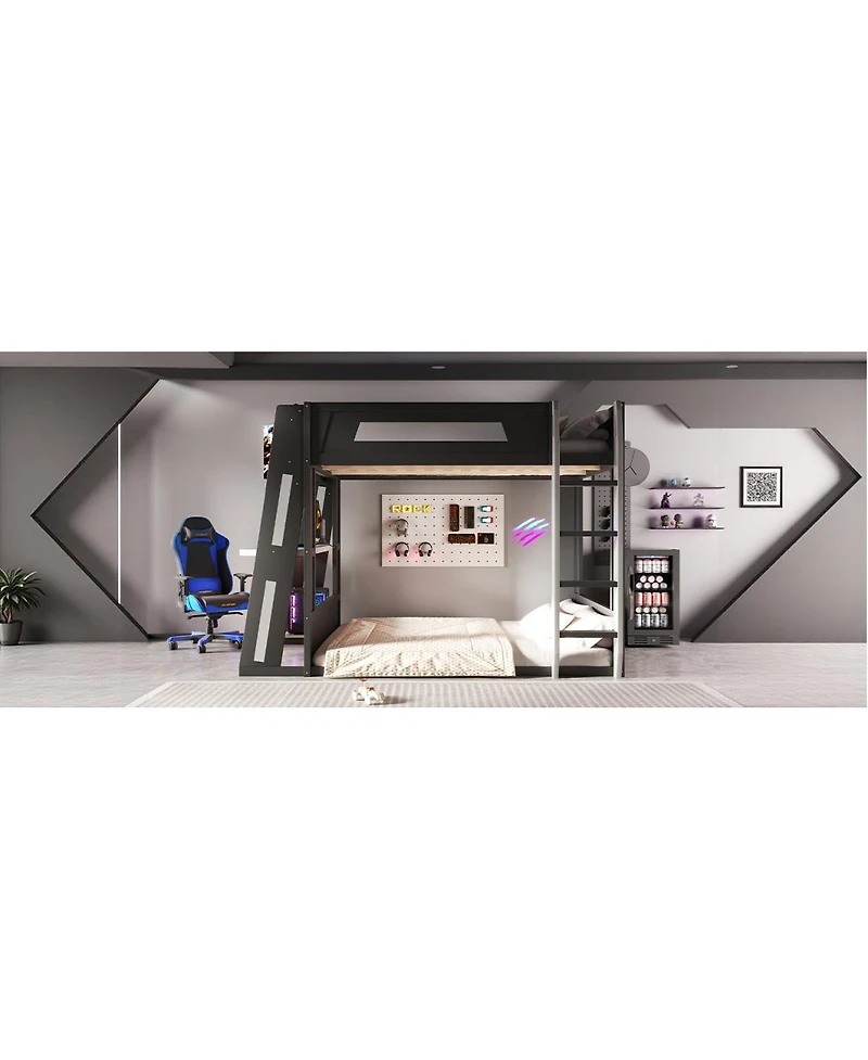 Streamdale Furniture Queen Size Wooden Gaming Bunk Bed with Desk, Usb & Led