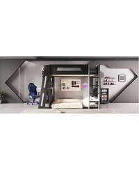 Streamdale Furniture Queen Size Wooden Gaming Bunk Bed with Desk, Usb & Led