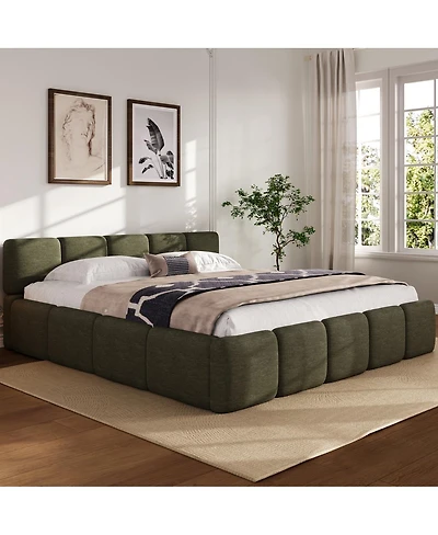 Streamdale Furniture California Linen Platform Bed with Thick Headboard/Footboard