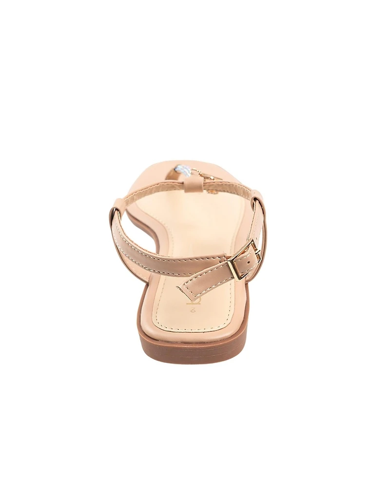 bebe Women's Fashion Sandal with T-Strap Upper, Rhinestones and Dangle Charms