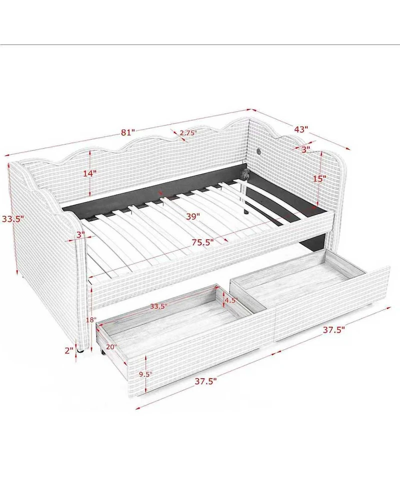 Streamdale Furniture Twin Size Gingham Daybed with Storage Drawers, Usb Port & Wave Shape