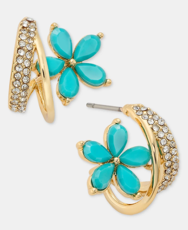 lonna & lilly Gold-Tone Faux Turquoise Flower Hoop Earrings