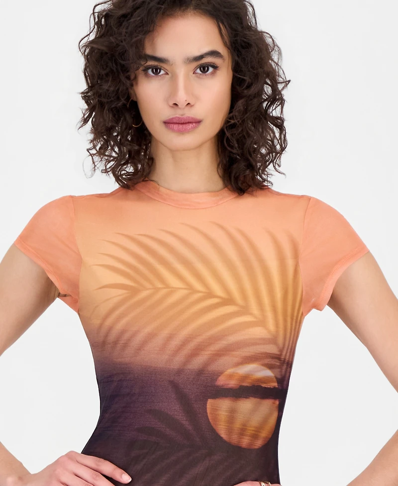 Guess Women's Short-Sleeve Beach Sunset Mesh Maxi Dress