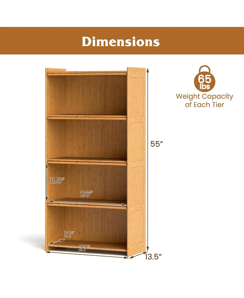 Sugift 4-Tier Bamboo Bookcase with Doors for Study Room Living Room