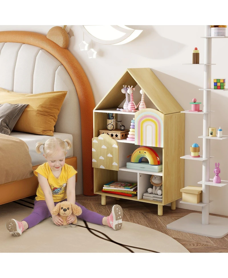 Sugift Kids Dollhouse Bookshelf House-shaped Bookcase Children Toy Storage Organizer