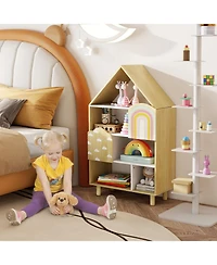 Sugift Kids Dollhouse Bookshelf House-shaped Bookcase Children Toy Storage Organizer