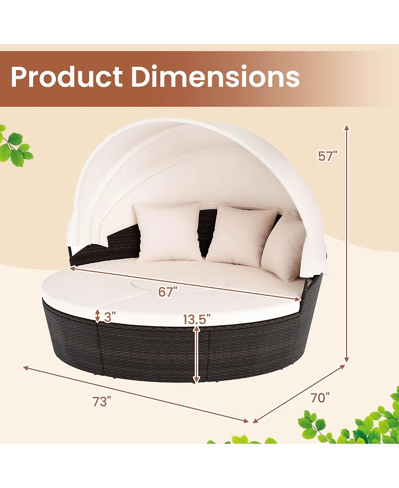 Gymax Patio Round Daybed Pe Rattan Cushioned Sectional Seating w/ Retractable Canopy Outdoor