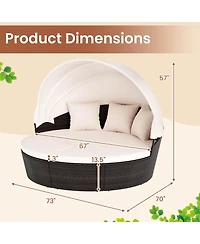 Gymax Patio Round Daybed Pe Rattan Cushioned Sectional Seating w/ Retractable Canopy Outdoor