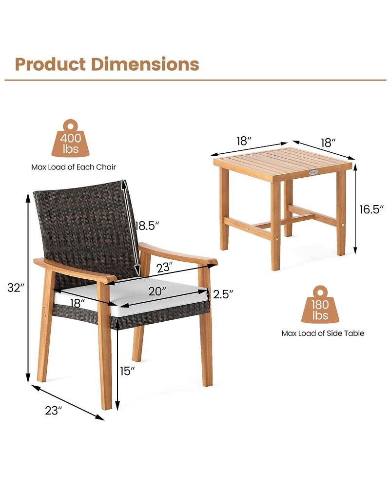 Gymax 3 Pcs Patio Pe Wicker Furniture Set w/Coffee Table & Cushions for Front Porch Outdoor