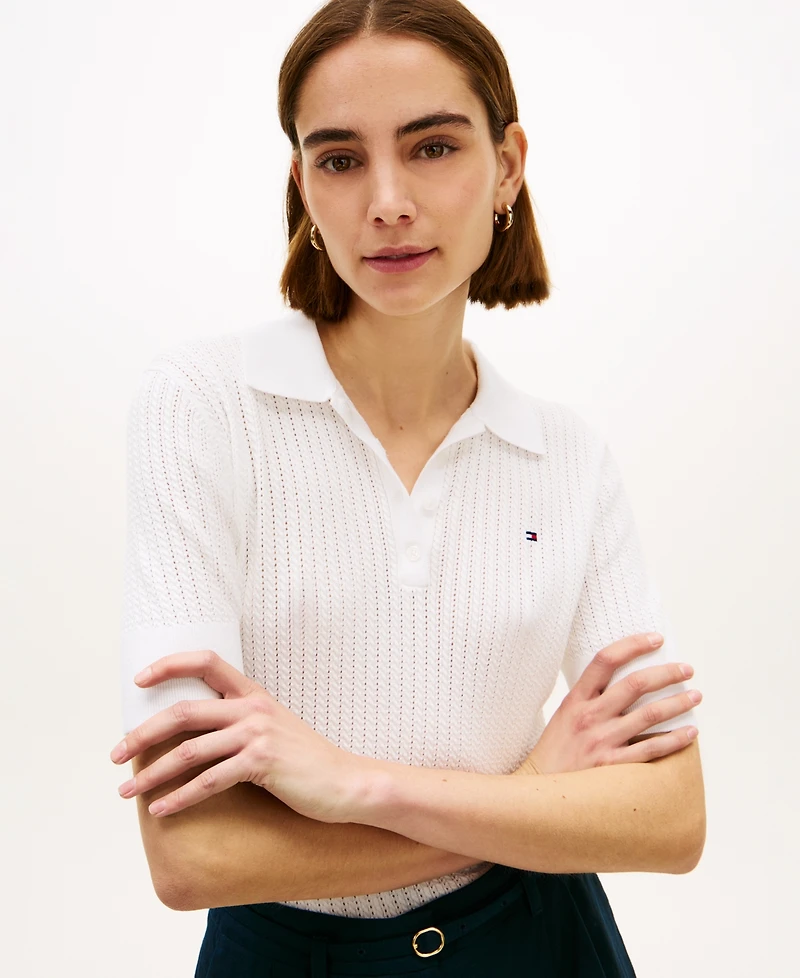 Tommy Hilfiger Women's Pointelle Short-Sleeve Polo Sweater