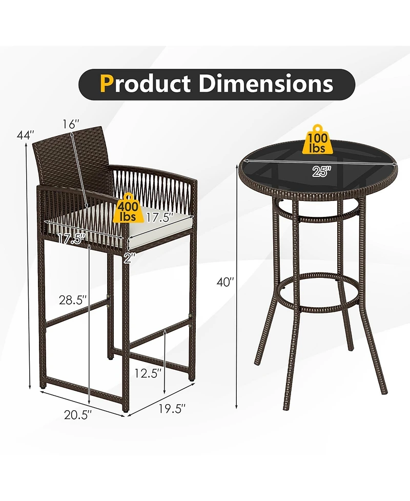 Gymax 3 Piece Wicker Patio Bar Set w/ 2 Seat Cushions Glass Tabletop for Backyard