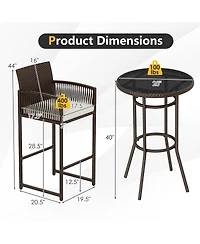 Gymax 3 Piece Wicker Patio Bar Set w/ 2 Seat Cushions Glass Tabletop for Backyard