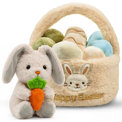Sperric Easter Plush Bunny with Carrot & Easter Egg Plush Basket Toy Set, Cute Easter Stuffed Animals, Easter Basket Stuffer Toys for Newborns