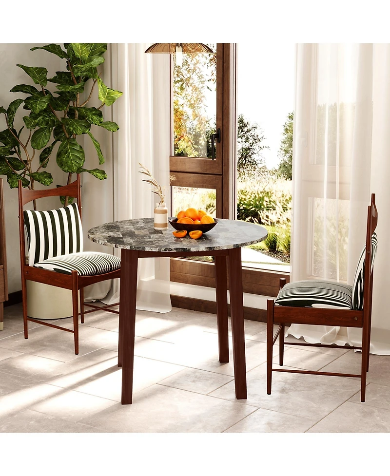 Sugift 35 Inch Round Dining Table with Rubber Wood Legs and Marble-textured Veneer Tabletop
