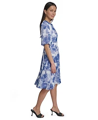 Calvin Klein Women's Floral Puff-Sleeve Crewneck Midi Dress