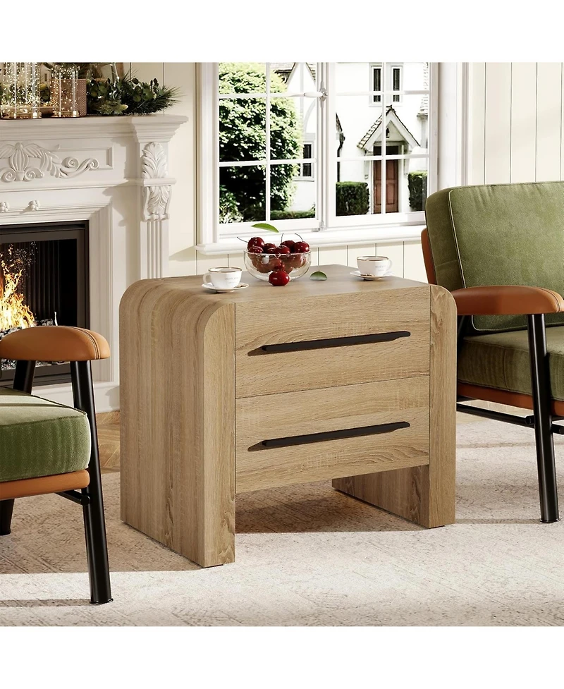 Tribesigns Nightstand with 2 Drawers Set of 2, 27.55" Night Stand with Storage, Modern Curved Bedside Table with Metal Handles.