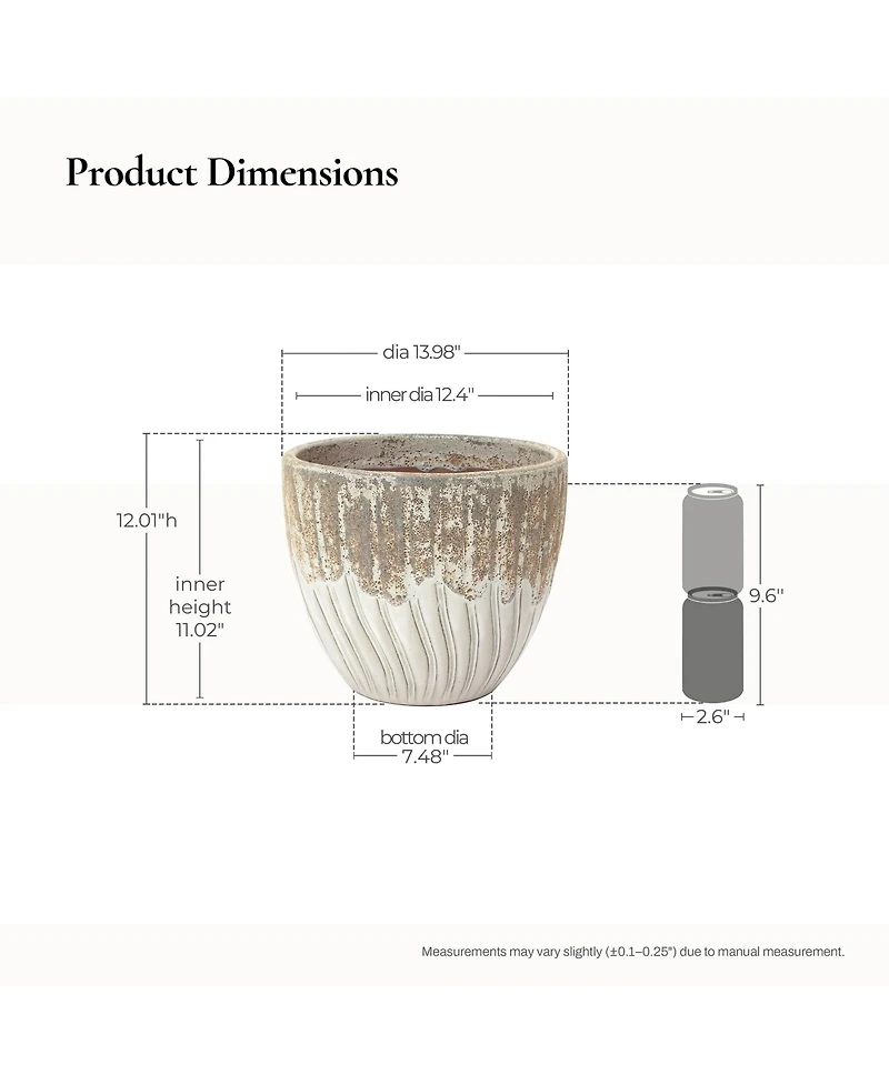 LuxenHome Boho Earth Ceramic Planter, 12” Tall Round Pot with Vertical Grooves & Artisan Texture