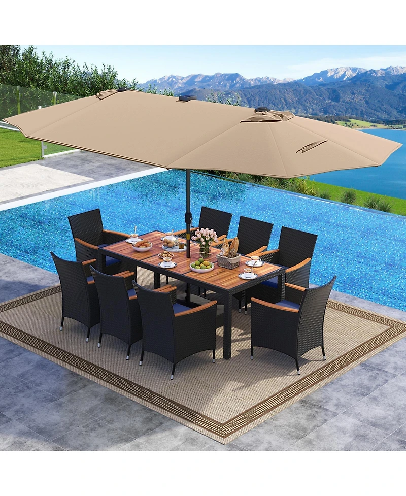 Gymax 11 Pcs Patio Dining Set w/ 15ft Double-Sided Umbrella (Base Included)