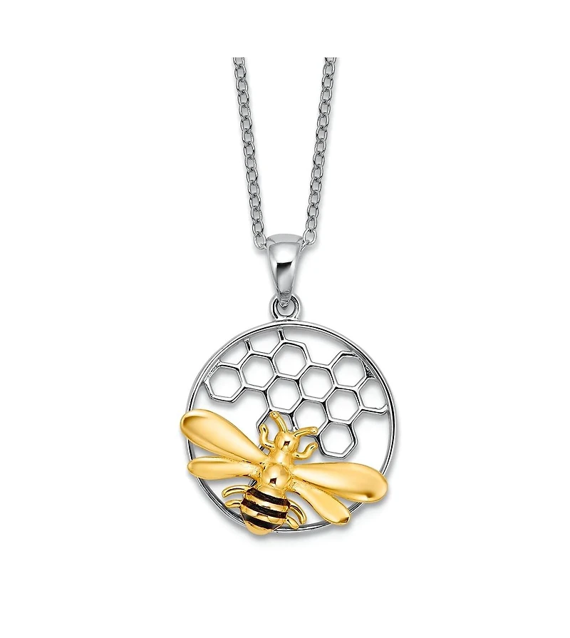 Curata Jewelry 925 Sterling and Rhodium Plated Enamel Bee in Hive Necklace 25x18mm Pendant Necklace