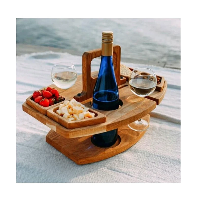 gaomon Portable Wooden Picnic Table for Outdoor Use – Removable Wine Glass Holder – Snack Serving Tray – Carrying Handle for Easy Transport Wood