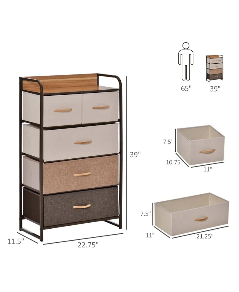 Rainsken 5-Drawer Dresser, Fabric Chest of Drawers, 4-Tier Storage Organizer with Foldable Drawers and Open Shelves for Bedroom and Living Room