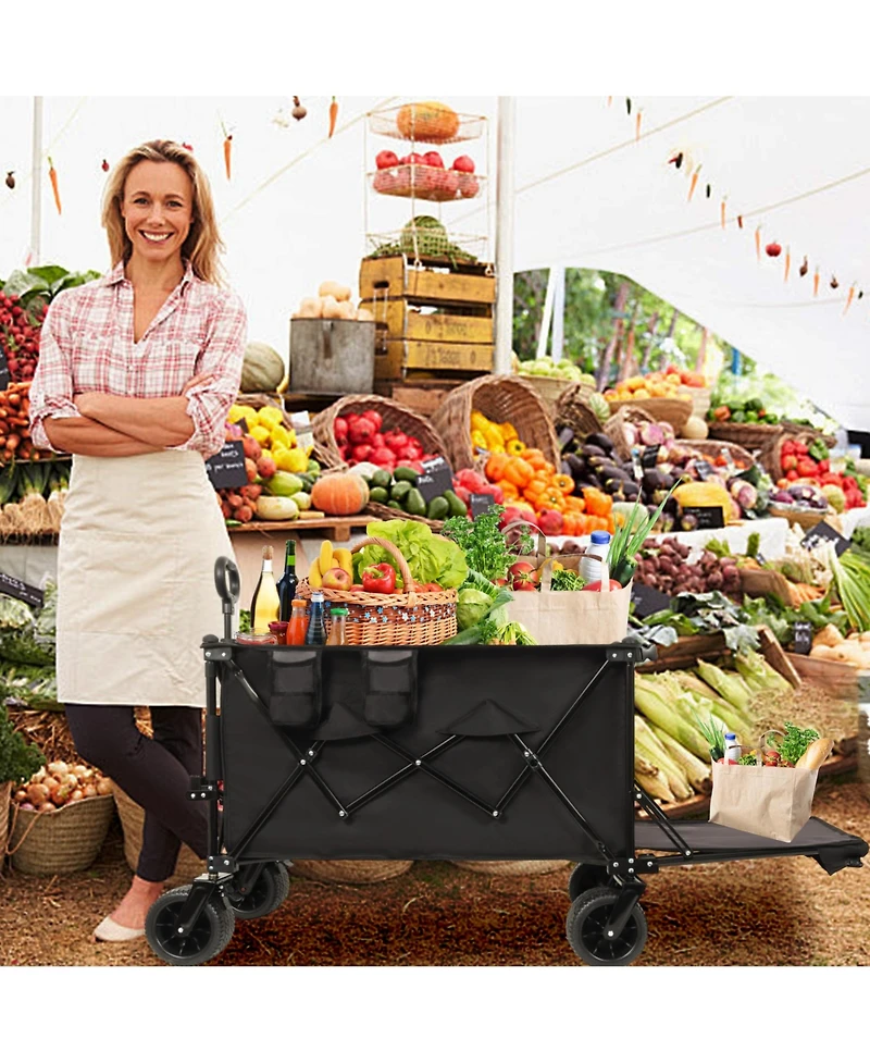 Rainsken Foldable Wagon, Heavy Duty Extra Long Extender Wagon Cart with All-Terrain Beach Wheels, 480 Lbs Capacity for Beach, Camping and Gardening
