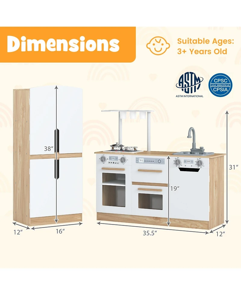 Mecale Wooden 2-Piece Kids Kitchen Playset with Fridge & Running Water for Interactive Play