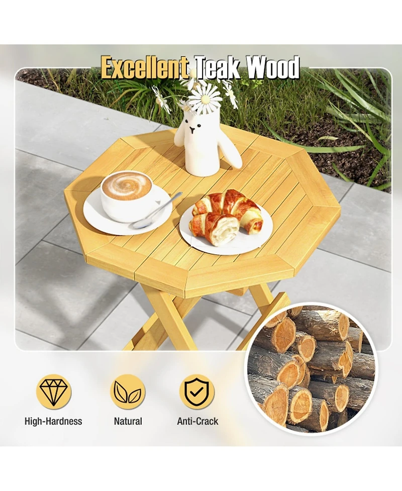 Clihome 20" Folding Teak Wood Octagon Coffee Table with X-Legs & Slatted Top