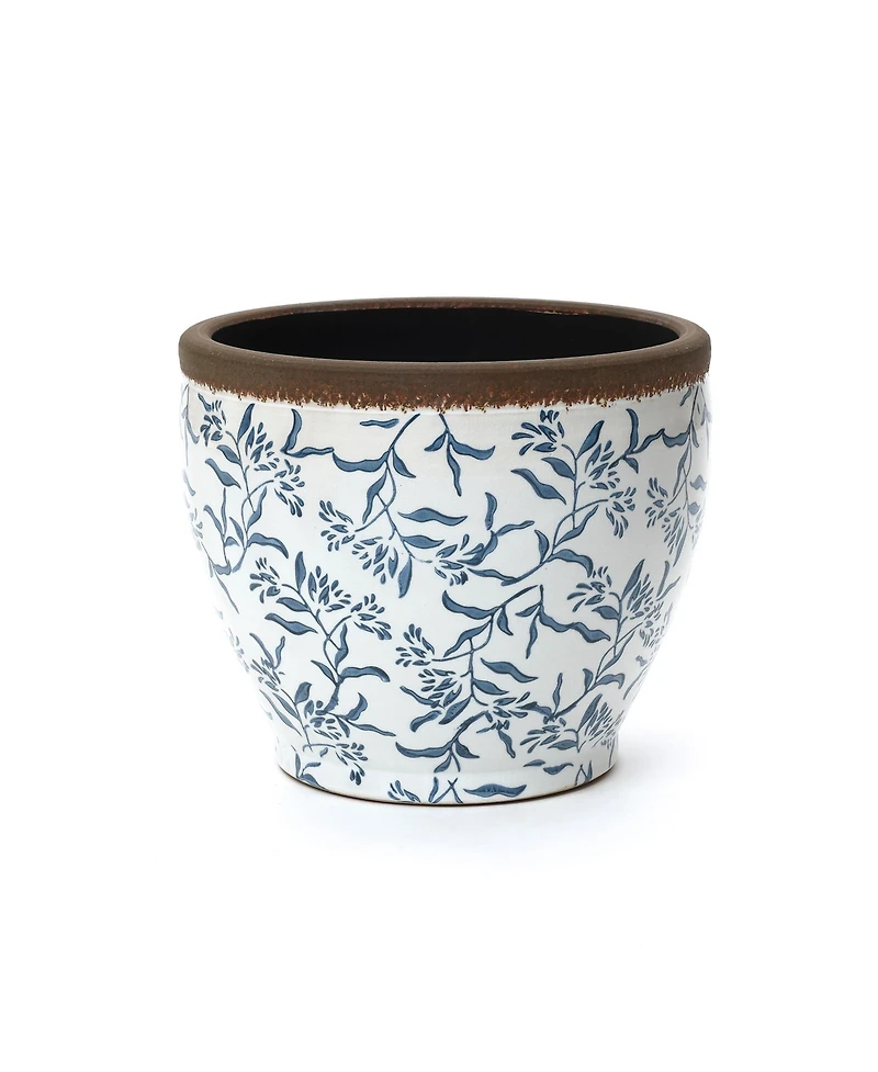 LuxenHome Floral Ceramic Planter, 15.16" Round, Indoor & Outdoor Garden Pot