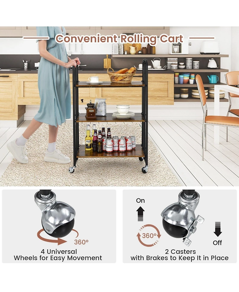 Volenca Folding Rolling Kitchen Utility Cart, Serving Island with Storage Shelves