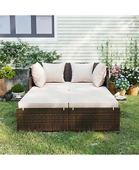 Gymax Patio Rattan Daybed Lounge Retractable Top Canopy Side Tables Cushions for Outdoor