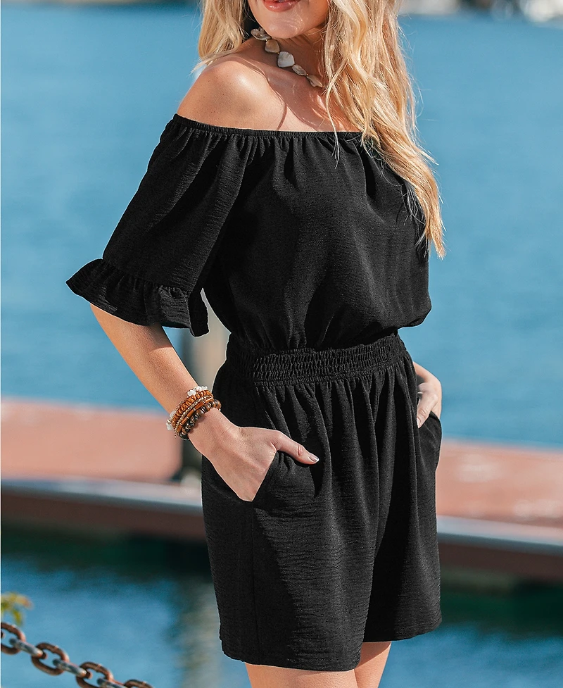 Cupshe Women's Chic Off-Shoulder Ruffle Romper with Bell Sleeves