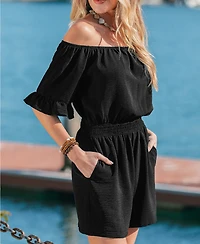 Cupshe Women's Chic Off-Shoulder Ruffle Romper with Bell Sleeves